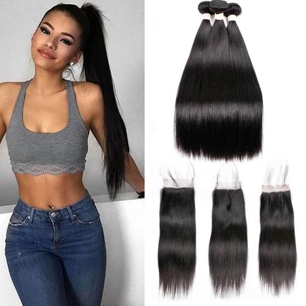 Fairgreat Brazilian Straight Hair Human Hair Bundles with Closure 3 Bundles With Closure Natural Color Non Remy Hair Extension