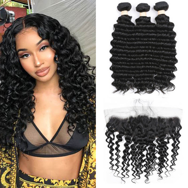 Brazilian deep Hair 13x4 Lace Frontal Closure With Bundles Brazilian deep Wave Human Hair Bundles With Lace Closure Non-Remy