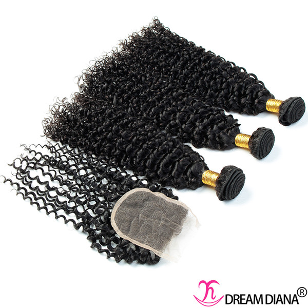 Brazilian Kinky Curly Virgin Hair 3Pcs Human Hair Bundles With Lace Closure Dyeable Cheap Brazilian Curly Human Hair Weave Natural Color