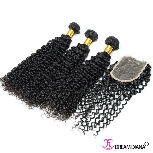 Brazilian Kinky Curly Virgin Hair 3 Bundles With Lace Closure Unprocessed Human Hair Weave Bundles Closure Natural Color 8-30 Inch