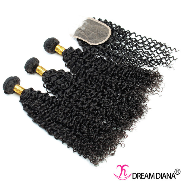 Unprocessed Peruvian Virgin Hair With Closure Kinky Curly Human Hair Extensions Human Hair Weave 3 Bundles With Lace Closure