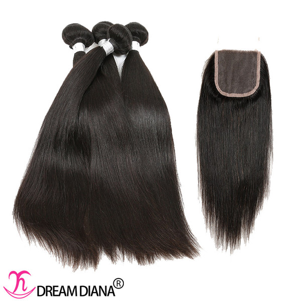 Brazilian Virgin Hair Bundles With Closure Straight Human Hair Extensions Natural Hair Bundles With Lace Closure Density 150% Swiss Lace