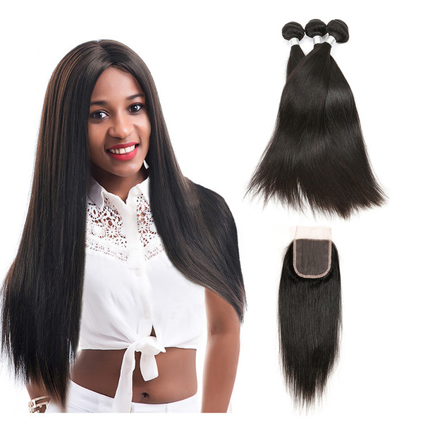 Brazilian Virgin Hair 3 Bundles With Closure Straight Hair Extensions Human Hair Bundles With Closure Density 150% Swiss Lace Light Brown