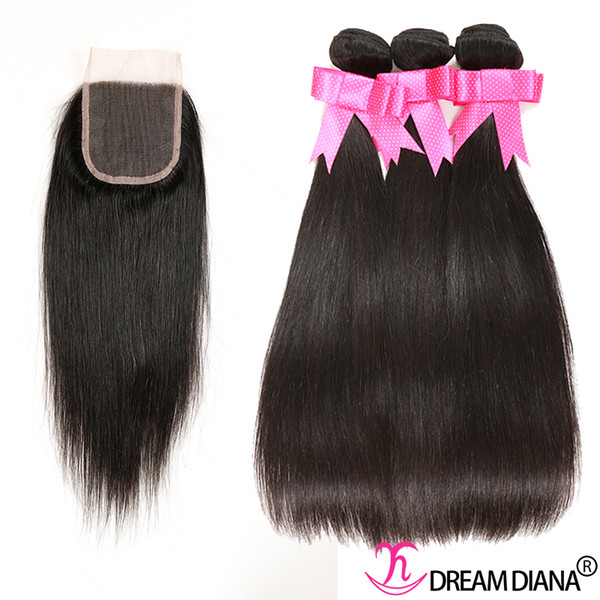 Straight Hair Bundles With Closure Peruvian Virgin Hair Extensions Human Hair 3 Bundles With Closure 4*4 Swiss Lace Light Brown