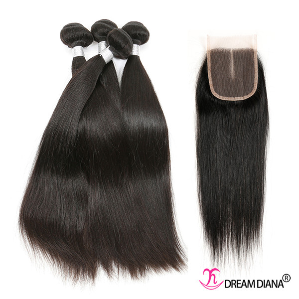 Brazilian Straight Hair Weaves Human Hair Bundle With Lace Closure Natural Color Virgin Brazilian Straight Hair With Closure