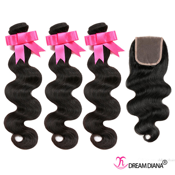 Peruvian Virgin Hair Body Wave Hair Weaves With Closure Natural Color Unprocessed Human Hair Bundles With Lace Closure DHL 