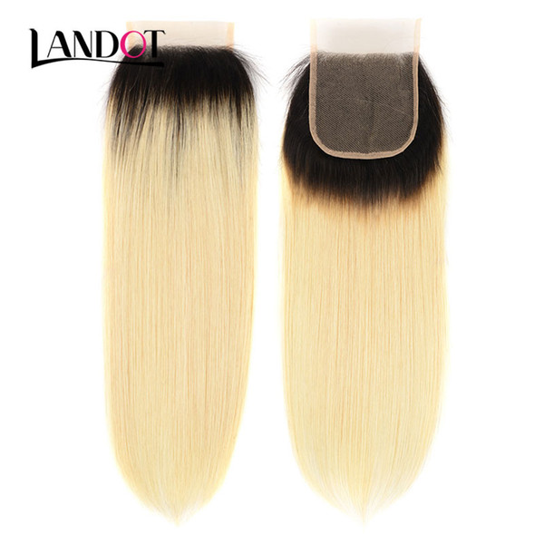 Ombre 1B/613 Bleach Blonde Brazilian Virgin Hair Lace Closure 4x4