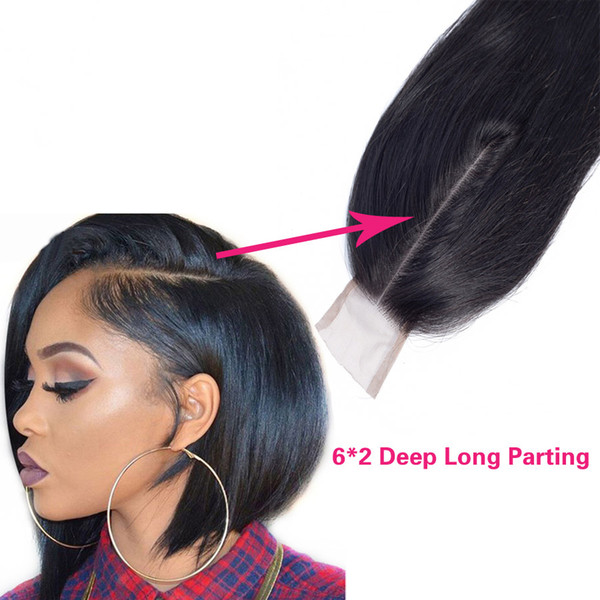 Deep Long Middle Parting 6x2 inch Lace Closure Straight Brazilian Peruvian Malaysian Indian Cambodian Mongolian Virgin Human Hair Closures