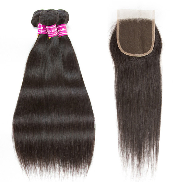 Straight Brazilian Hair Weaves with Closure Unprocessed Brazilian Virgin Human Hair Bundles with Lace Closure Straight Virgin Hair Extension