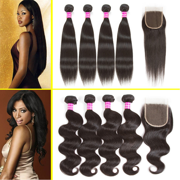 Brazilian Body Wave Virgin Hair 4 Bundles and Closure Unprocessed Peruvian Straight Remy Human Hair Extensions Wholesale Human Hair Deals