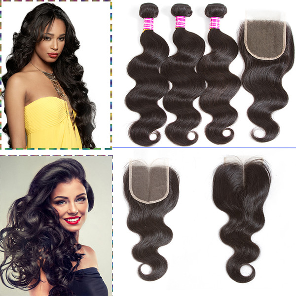 8A Body Wave Bundles Brazilian Human Hair with Lace Closure Unprocessed Brazilian Body Wave Wet and Wavy Virgin Human Hair Weave Extensions