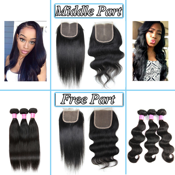 Straight 8A Brazilian Virgin Hair Body Wave 3 Weave Bundles with 4x4 Closure Middle or Free Part Unprocessed Peruvian Human Hair Extensions