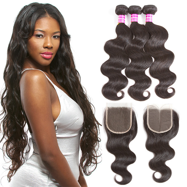 Brazilian 8A Body Wave Virgin Hair with closure Extensions 3 Bundles Body Wave With 4x4 Lace Closure Unprocessed Virgin Human Hair Weaves