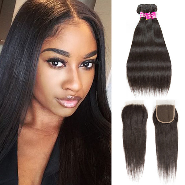 Brazilian Virgin Hair Straight 3 PCS with Lace Closure Unprocessed Brazilian Straight Human Hair Weave Bundles Brazilian Virgin Human Hair