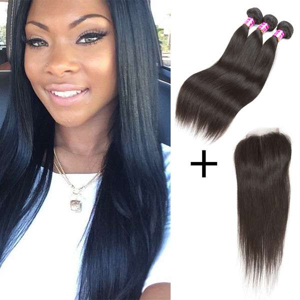 Brazilian Virgin Hair Straight 3 Weaves with Lace Closure Unprocessed 8A Brazilian Straight Virgin Human Hair Cheap Items By Dedicate Hair