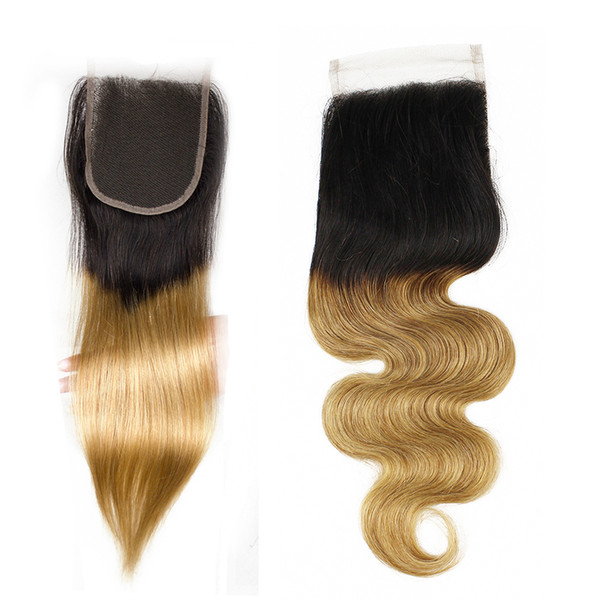 4x4 Lace Closure Ombre Color Human Hair Free Middle Three Part Closure Straight Body Wave T 1b 27 Honey Blonde 8-20 inch