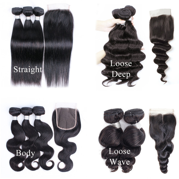 Kiss Hair Straight Body Wave Hair Weaves 3 Bundles with Lace Closure Natural Color Loose Deep Wave Virgin Remy Human Hair Weave