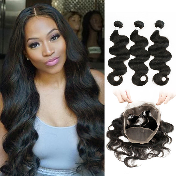 360 Lace Frontal with 3 Bundles Brazilian Body Wave Natural Brown Raw Virgin Indian Human Hair Weave Bundles with Free 3 part Closure