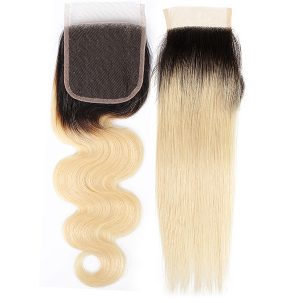 4x4 Lace Closure Straight Body Wave Ombre Color 1B 613 Blonde Extensions Brazilian Human Hair Free Part Middle Part Closure 8-20 inch