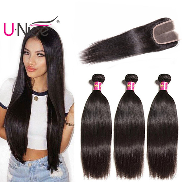 UNice Hair Virgin Brazilian Straight Hair Bundles With Closure Remy Human Hair Bundles With Lace Closure Brazilian Weaves Closure Wholesale