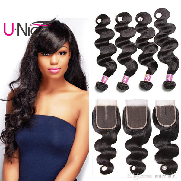 UNice Hair Peruvian Virgin Hair Body Wave Bundles With Closure Remy Bundles With Lace Closure Body Wave Human Hair Weave Closure Wholesale