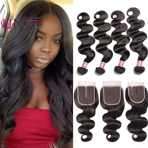 UNice Hair Raw Indian Human Hair Bundles With Closure Body Wave Bundles With Lace Closure Cuticle Aligned Virgin Human Hair Weaves Closure