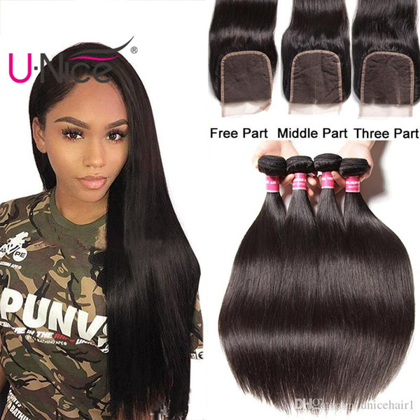 UNice Hair Brazilian Virgin Straight Bundles With Closure Straight Human Hair Bundles With Lace Closure Cuticle Aligned Hair Bundle Bulk