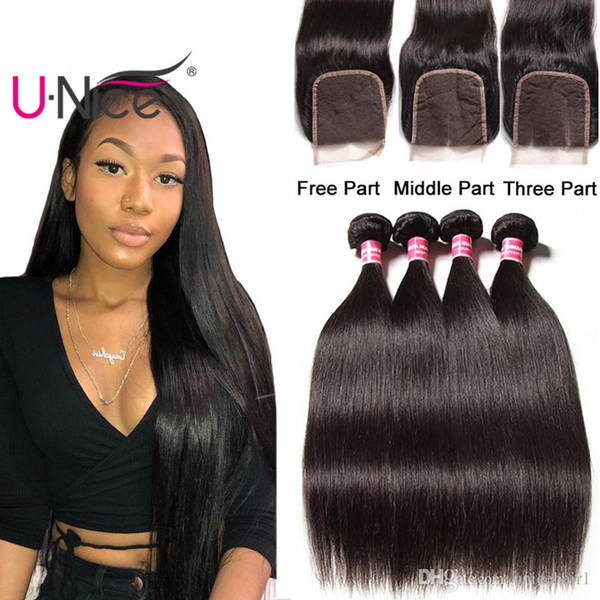 UNice Hair Virgin Peruvian Straight Bundles With Closure Straight Human Hair Bundles With Lace Closure Cuticle Aligned Straight Hair Bundle