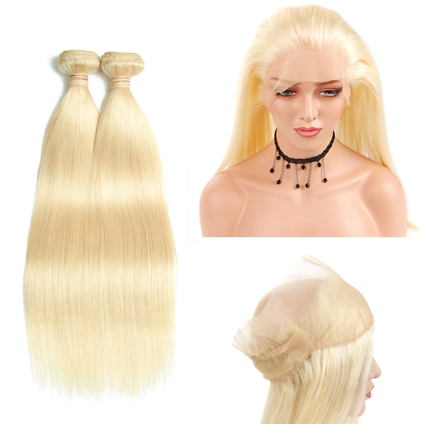 Brazilian Straight Hair 613 Blonde 2 Bundles With 360 Lace Frontal Pre Plucked 100% Remy Human Hair Frontal With Baby Hair Alot