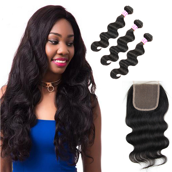 Body Wave Hair 3 Wefts with Lace Closure Brazilian Virgin Human Hair Weaves Indian Malaysian Peruvian Mongolian Cambodian Hair Extensions