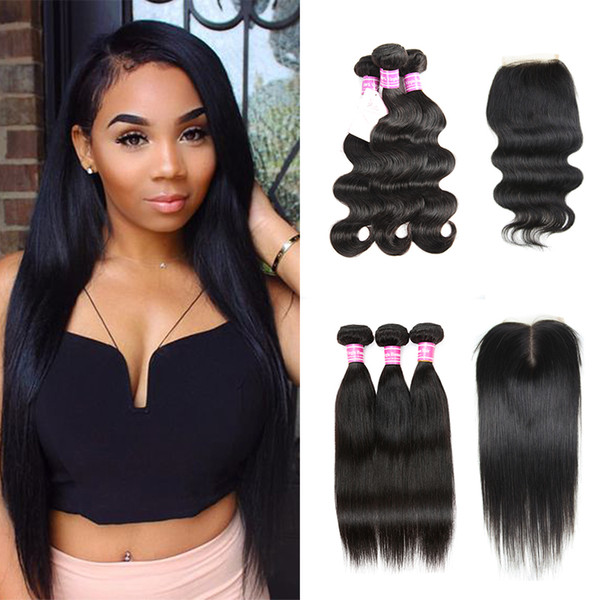 Sale! Brazilian Body Wave Straight Peruvian Hair 3 Bundles with Lace Closure Malaysian Virgin Human Hair Extensions Indian Human Hair Weaves