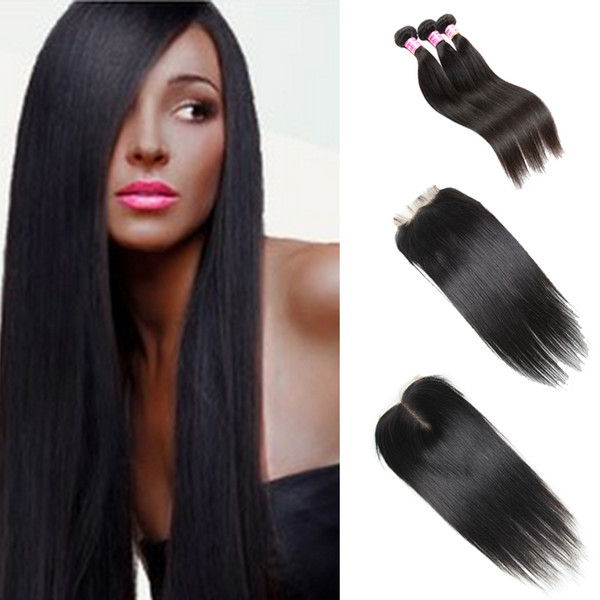 Straight Malaysian Human Hair Bundle with Closure 3 Bundles Striaght Peruvian Hair Cambodian Mongolian Brazilian Virgin Human Hair Weaves