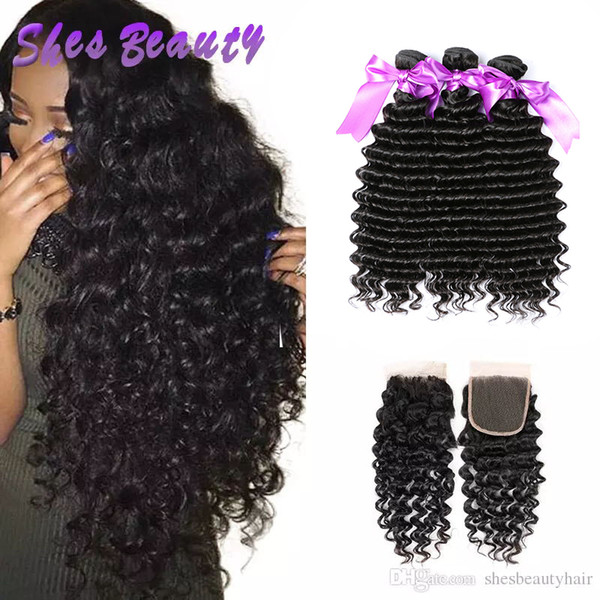 Shesbeauty Hair With Closure 100% Unprocessed Peruvian Deep Wave Hair Weave 3 Bundles With 4x4 Closure Cheap Virgin Human Hair Bundles