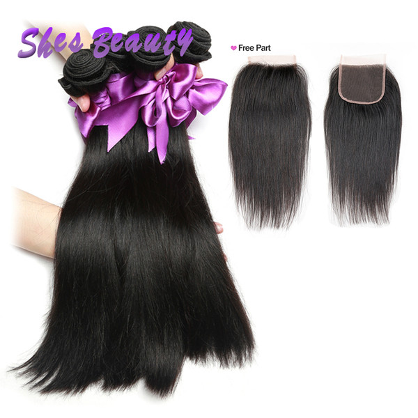 Shesbeauty Wholesale 8A Peruvian Hair Bundles With Closure 100% Peruvian Virgin Human Hair Straight Weave Extensions 4 Bundles With Closure