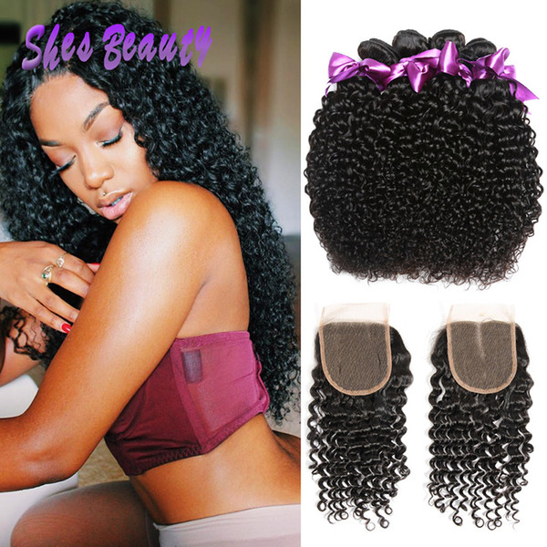 Shesbeauty Brazilian Curly Hair 4 Bundles With Closure 100% Unprocessed Brazilian Virgin Human Hair Curly Weave Extensions Wholesale Price