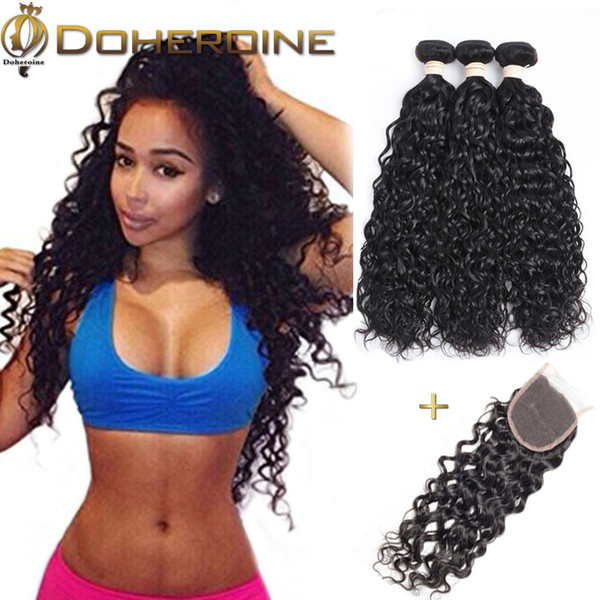 Brazilian Water Wave virgin Hair Bundles With Lace closure Brazilian Human hair Extensions Brazilian Virgin Human Hair Products Wholesale