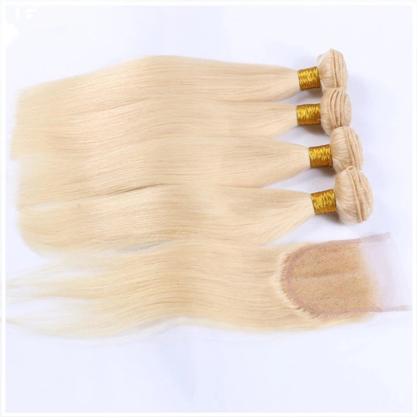 ELLIBESS Hair- Facotry Supply 613 Blonde Human Hair Bundles With Closure 100g+-5g/bundle Straight Wave Human Hair Extensions