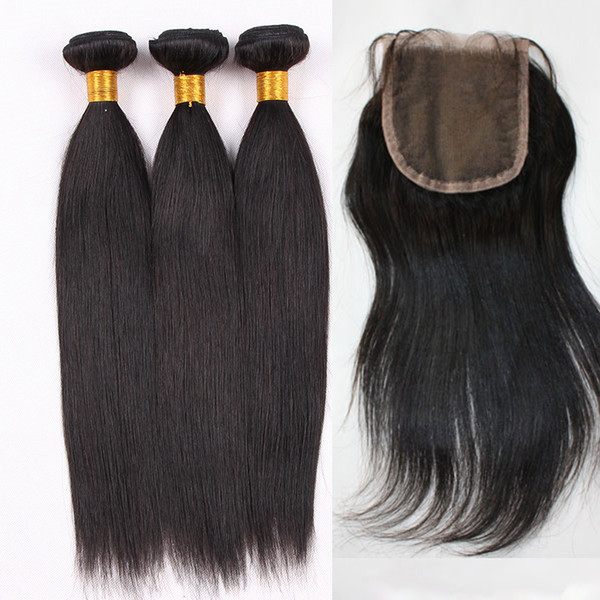 Grade 10A 100% human straight brazillian human hair bundles with closure natural color virgin remy hair weft with closure