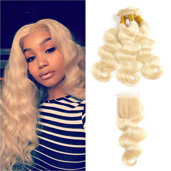 ELIBESS HAIR - 613 Blonde Human Hair Bundles with Closure 3 Bundles With 4x4 Lace Closure Body Wave Remy Hair 