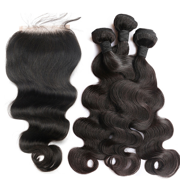 ELIBESS HAIR-100g/pcs Body Wave Human Hair Bundles With Closure Brazilian Hair Weave 3 Bundles with Closure Remy Hair weft