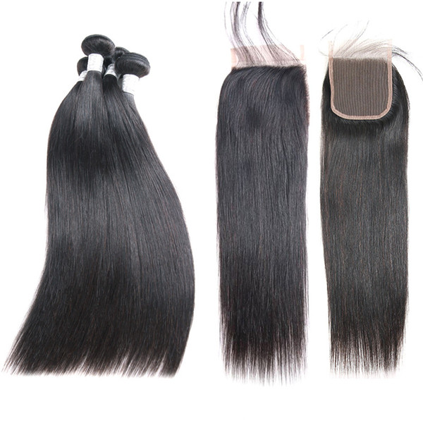 ELIBESS HAIR-Brazilian Straight Hair Human Hair Bundles with Closure 3 Bundles With Closure 100g+-5g Natural Color Remy Hair Extension