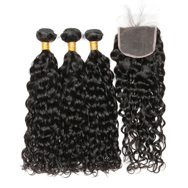 ELIBESS HAIR-Brazilian Water Wave Bundles with Closure 3 Bundles 50g/pcs Human Hair with Closure 4