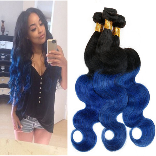 ELIBESS Two Tone 1B/Blue Ombre 100g/pcs Brazilian Body Wave Human Virgin Hair 3 Bundles 100% Human Hair Black And Blue Ombre Extensions