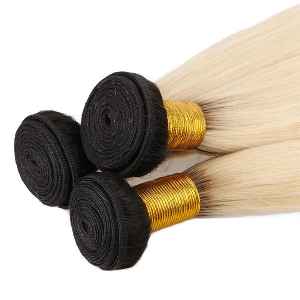 Straight Optional Ombre Brazilian Hair Weave Bundles T1B 613 Blonde 14