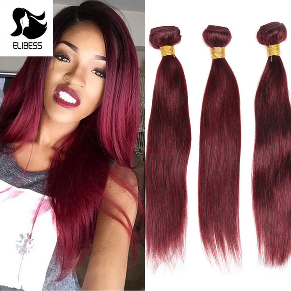 ELIBESS HAIR-Straight Wave Burgundy 99J Red Color 50g/piece 3 Bundles Double Weft Hair Extension