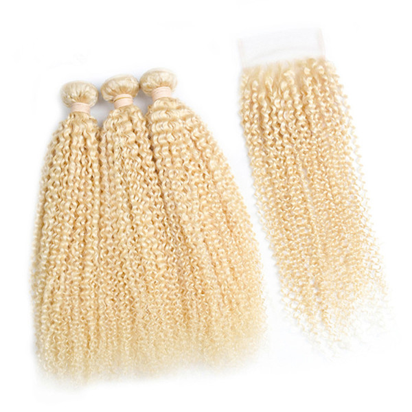 DHL Fedex Free 100g/piece 3pcs/lot brazilian malaysian kinky curly blonde hair color 613 blonde bundles with closure