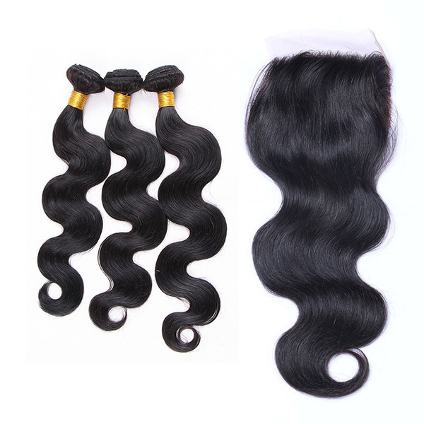Elibess Brand brazilian virgin Hair bundles with closure Dyeable Natural Brazilian Peruvian Body Wave Human Hair Weave 3pcs with closure