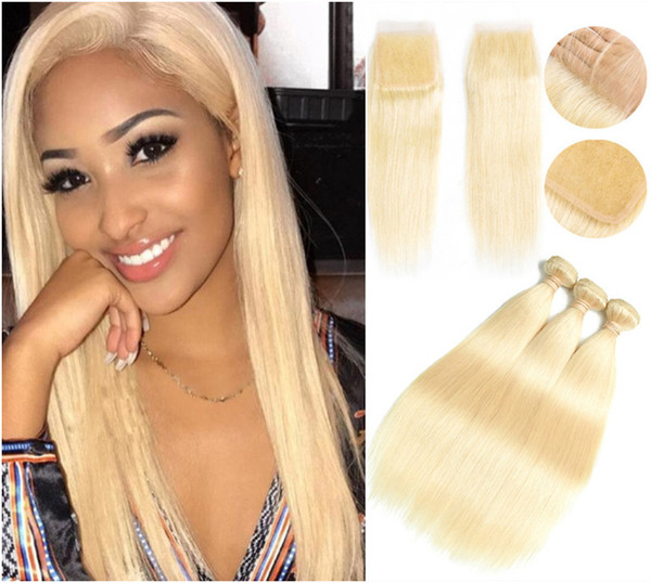 ELLIBESS Hair- Straight Hair 3 Bundles With Closure 613 Blonde Color Hair Human Hair With 4x4 Closure