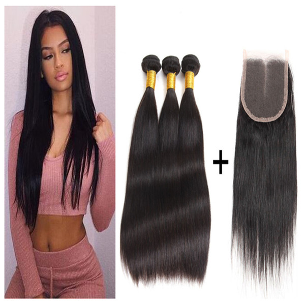 ELIBESS Brazilian Virgin Hair Bundles with Closure 3 Bundles Brazilian Straight with Closure Human Hair Extension Brazilian Hair Weave