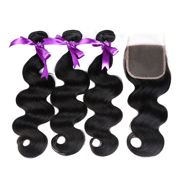 ELIBESS HAIR - Brazilian Body Wave Human Hair Bundles With Closure 3 Bundles with Free Part 4x4 Lace Closure Virgin Remy DHL Fast 